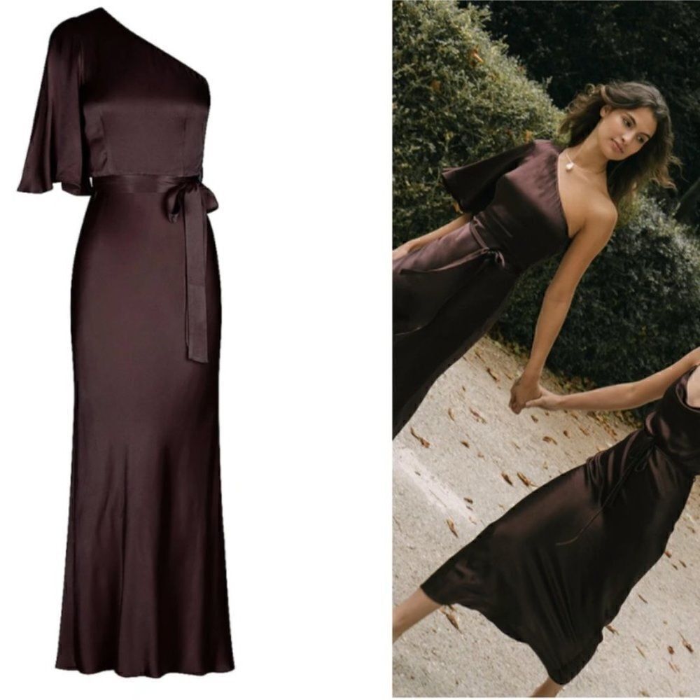 Shona Joy One-Shoulder Satin Midi Dress In Deep Brown
